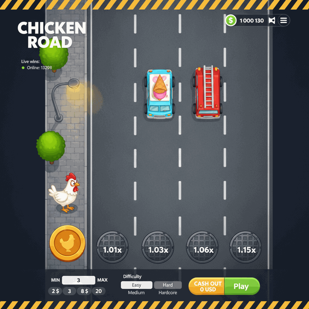Chicken Road gioco crash con pollo che attraversa strada multi-corsia, moltiplicatori visibili su ogni corsia, macchine in arrivo casuale, interfaccia notturna neon con pannello di controllo puntata e cash out
